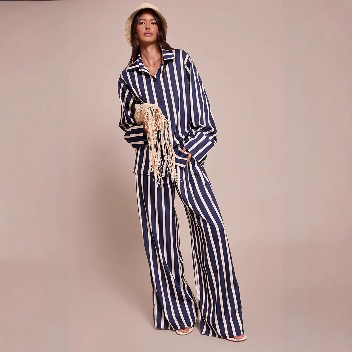 Long Sleeve Polo Collar Stripes Shirt Loose Shirt Trousers Two-piece Home Wear