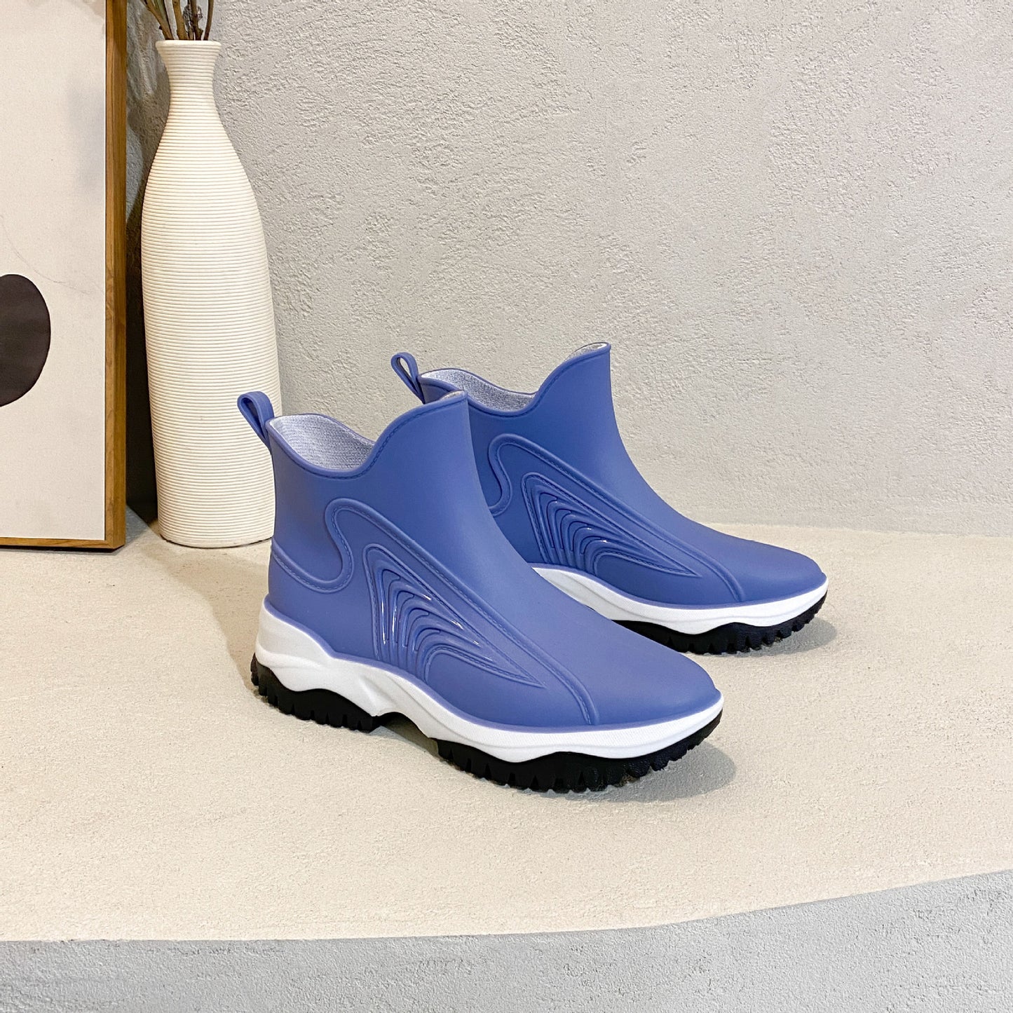Fashion Color Blocking Thick Sole Low Top Women's Rain Boots