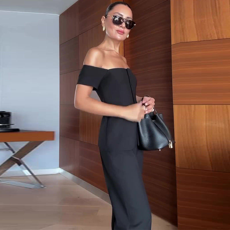 Temperament Commute Off-shoulder Black Slimming Suit