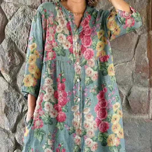 Women's Casual Long-sleeved Printed Shirt Dress
