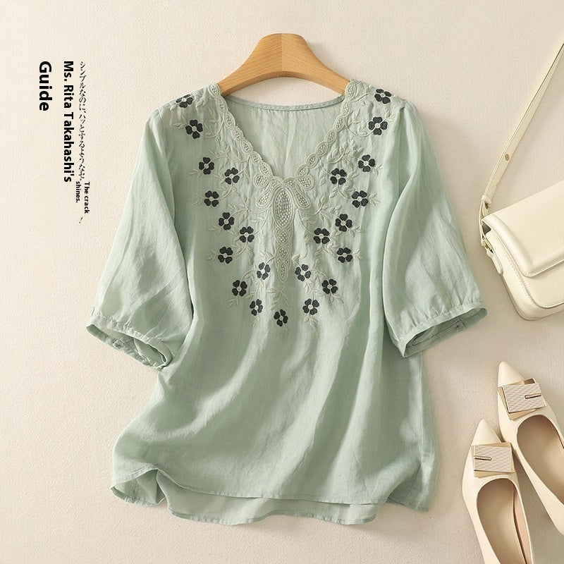 Embroidered Women's Elegant Lace V-neck Half Sleeves Pullover Shirt