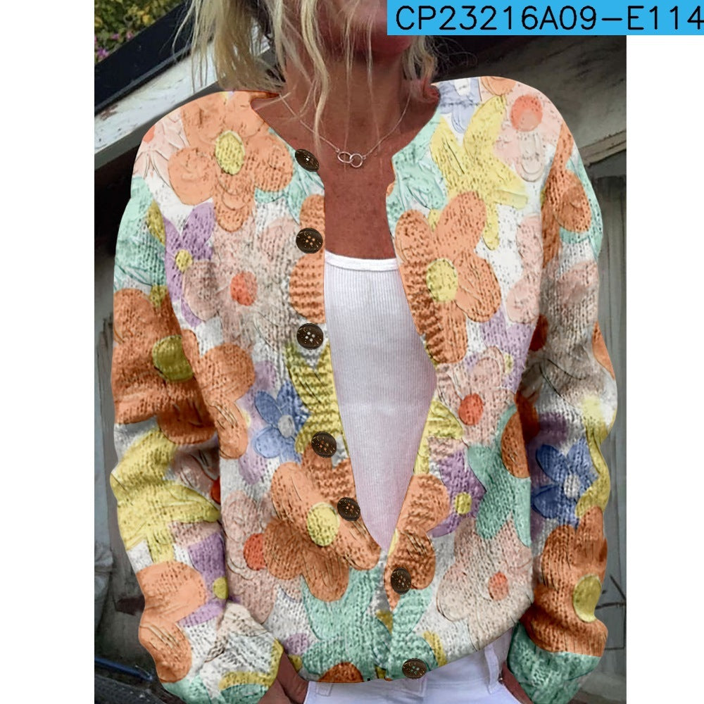 New Women's Autumn And Winter Style Loose 3D Printed Knitted Cardigan Sweater