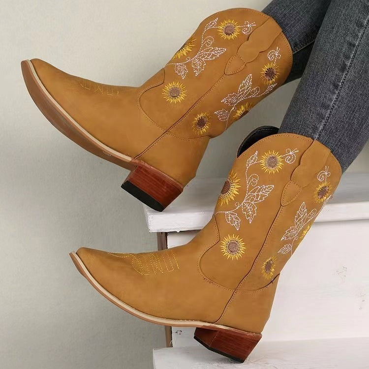New Thick-heel Embroidery Sunflower 35-43 Mid-tube Women's Boots