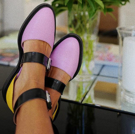 Closed Toe Flat Sandals Women's Shoes Round Toe Color-blocking Low Square Heel Buckle Round Toe Women's Large Size Fashion Shoes