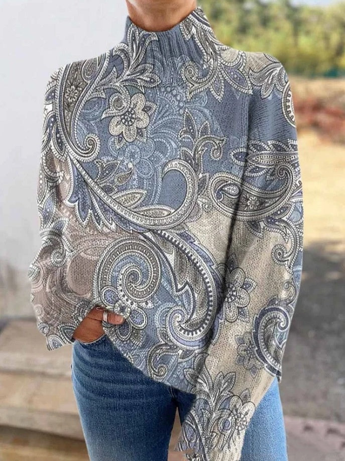 3D Color Matching Pattern Floral Print Long Sleeve Pullover