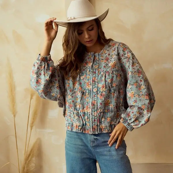 Vintage Floral Batwing Sleeve Wash Denim Coat