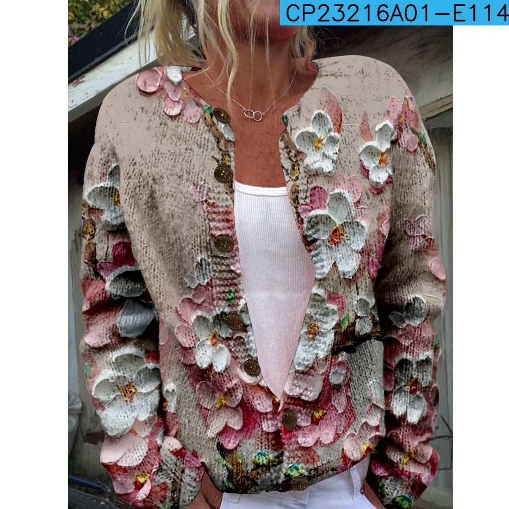 New Women's Autumn And Winter Style Loose 3D Printed Knitted Cardigan Sweater