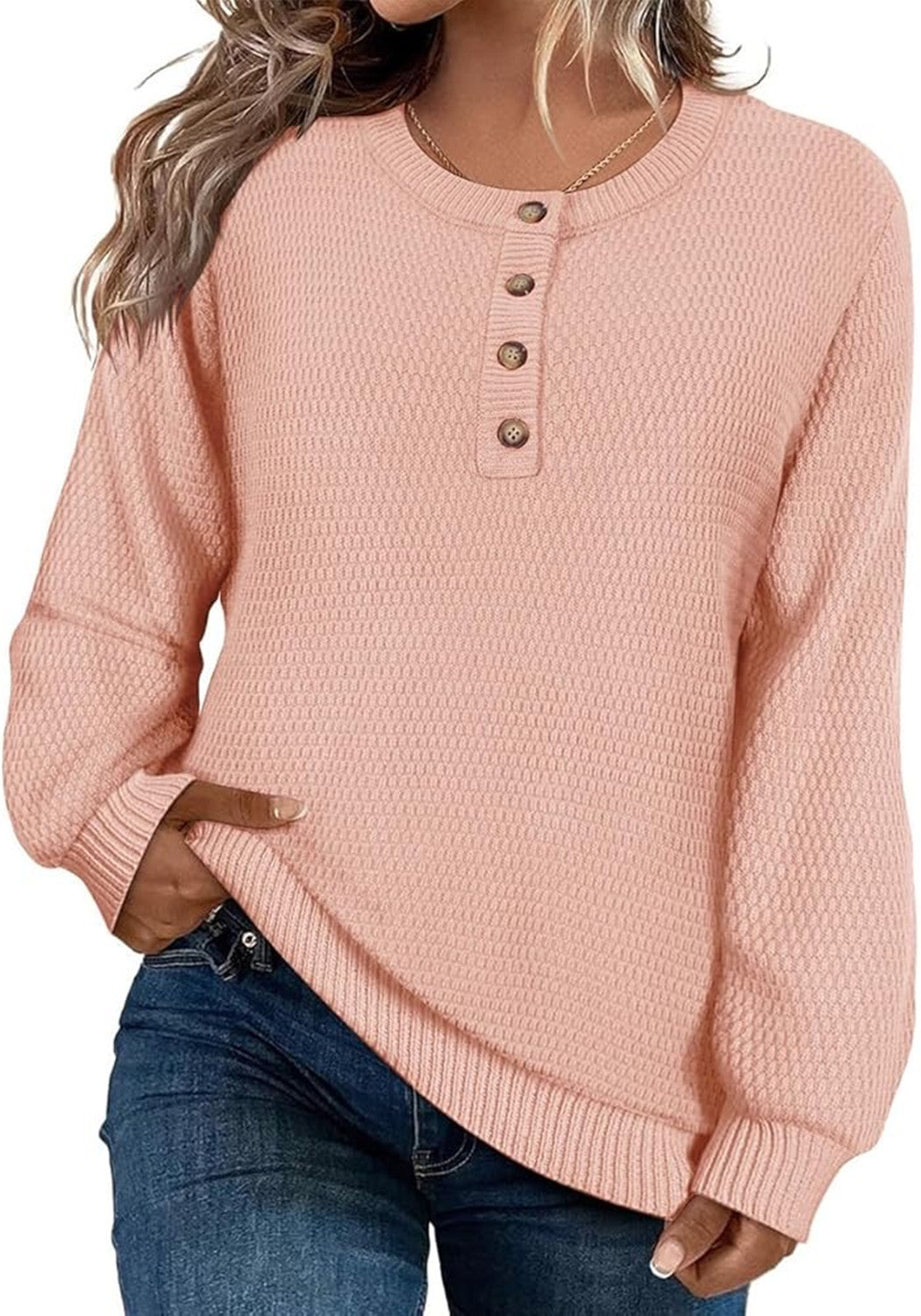 Solid Color Buttons Long Sleeve Round Neck Pullover Sweater Top