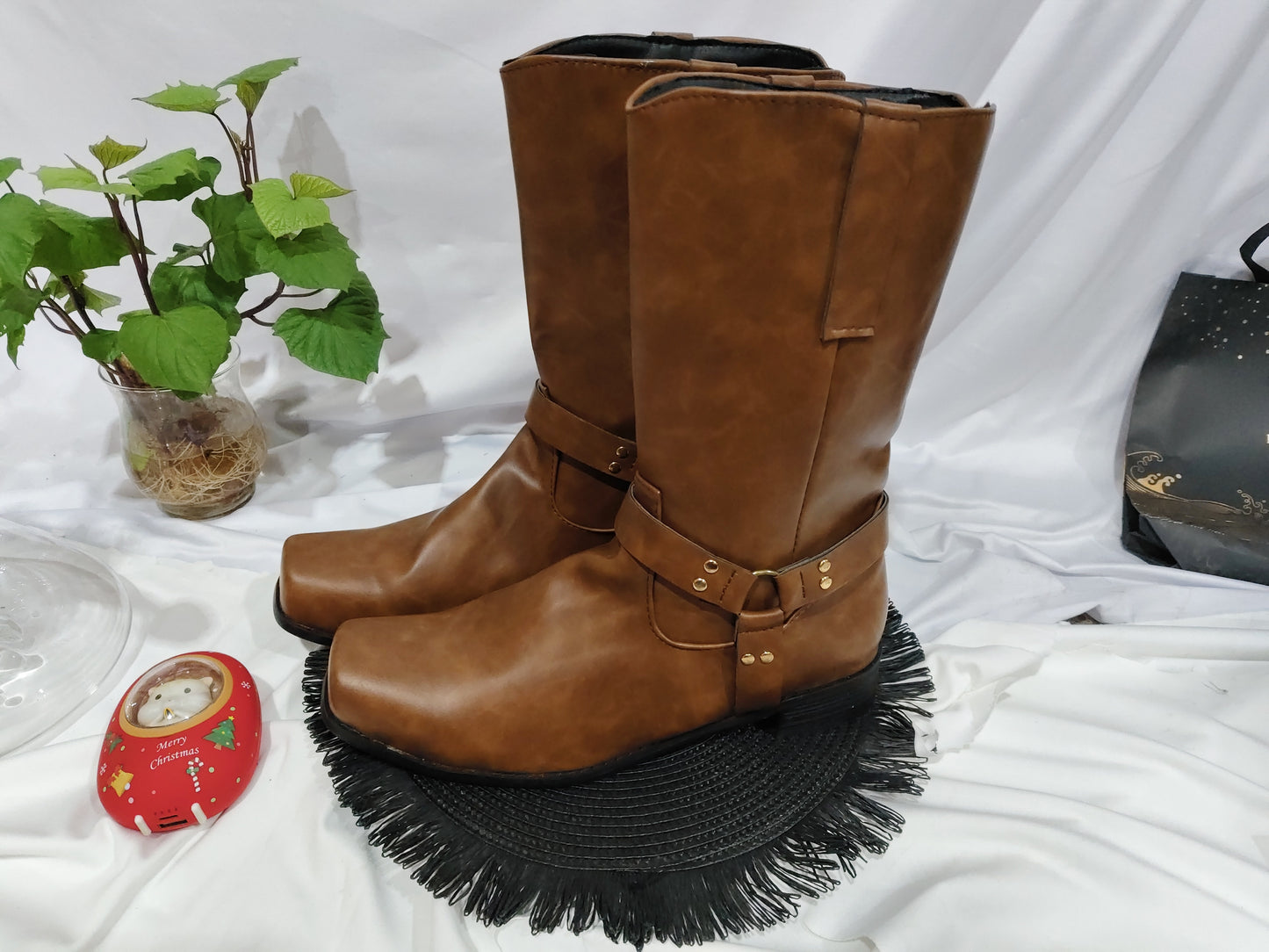 Vintage Men's Cowboy Boots Belt Buckle Ring High Top