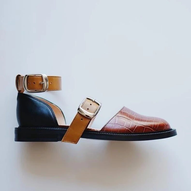 Closed Toe Flat Sandals Women's Shoes Round Toe Color-blocking Low Square Heel Buckle Round Toe Women's Large Size Fashion Shoes