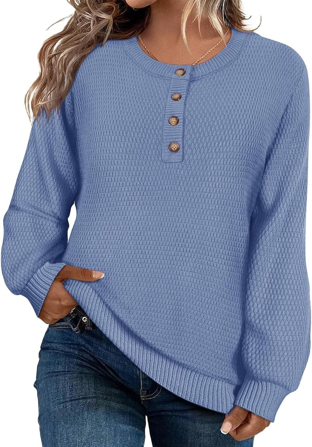 Solid Color Buttons Long Sleeve Round Neck Pullover Sweater Top