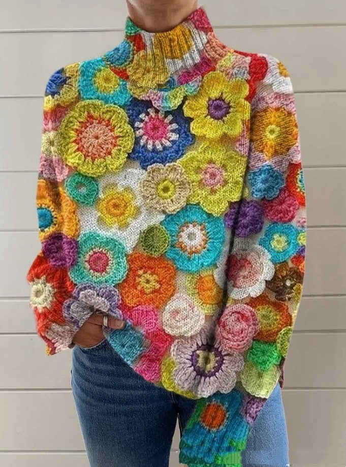 3D Color Matching Pattern Floral Print Long Sleeve Pullover