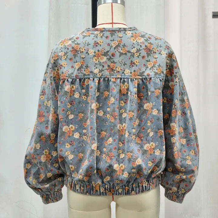 Vintage Floral Batwing Sleeve Wash Denim Coat