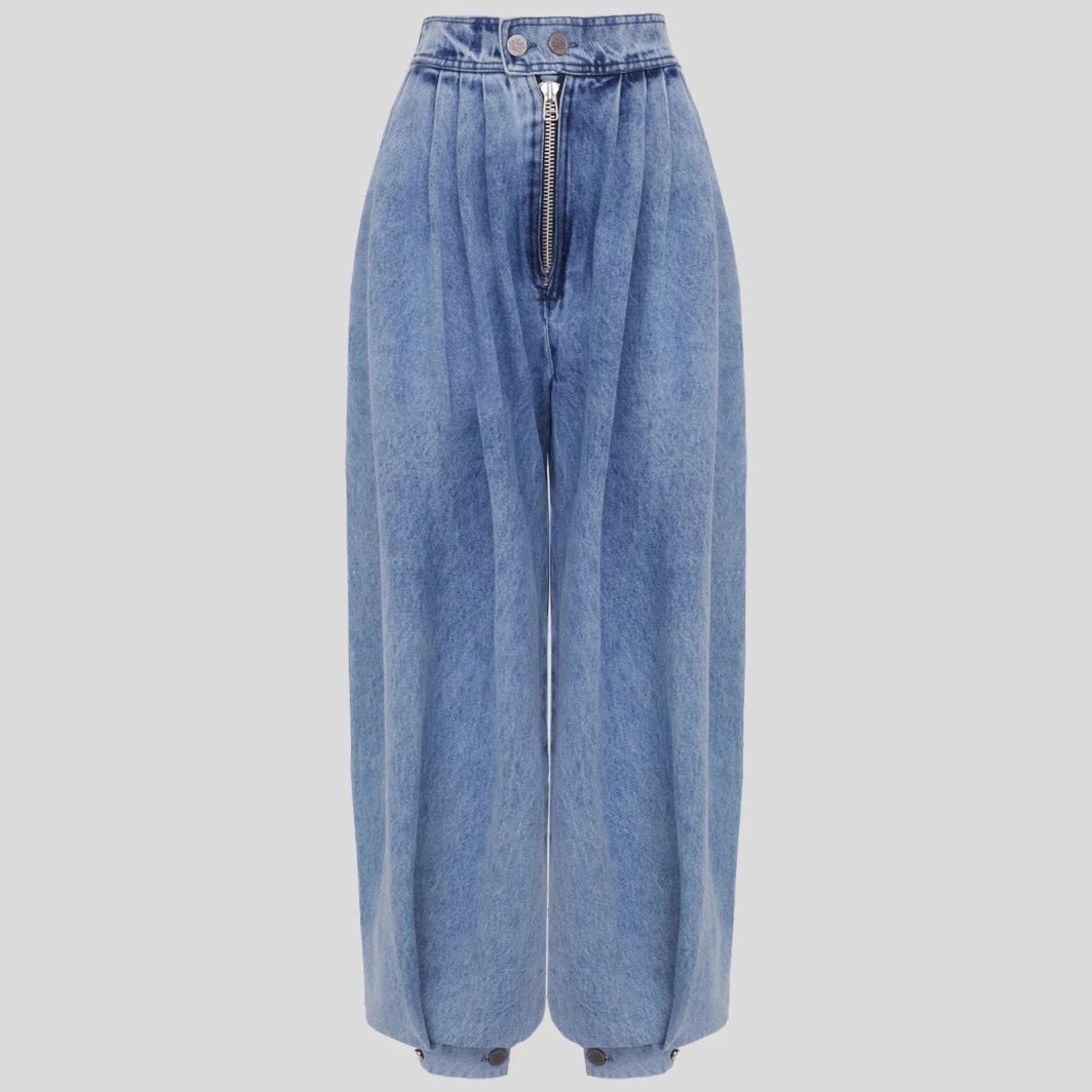 High Waist Zipper Ankle-tied Jeans Loose