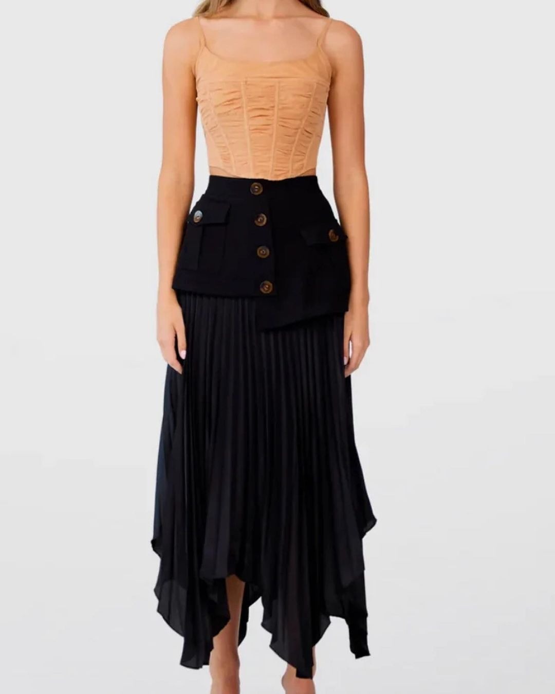 Irregular Chiffon Stitching Pleated Multi-button Pocket Skirt