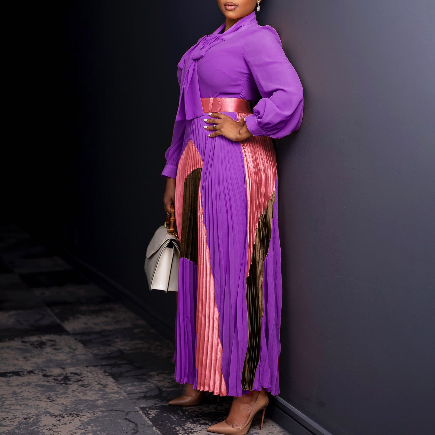 Long Sleeve Color Matching Elegant Dress