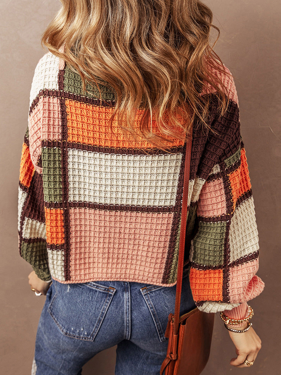 Women's Casual Waffle Color Matching Long Sleeve Drawstring Stand Collar Sweater