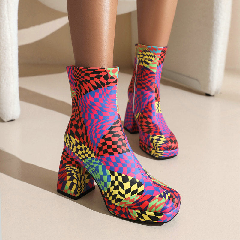 Square Toe Short Tube Women's Boots Printed Fabric