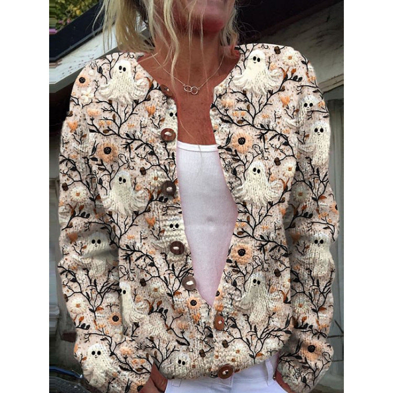Halloween 3D Digital Printing Comfortable Cardigan Coat For Women