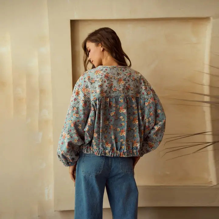 Vintage Floral Batwing Sleeve Wash Denim Coat