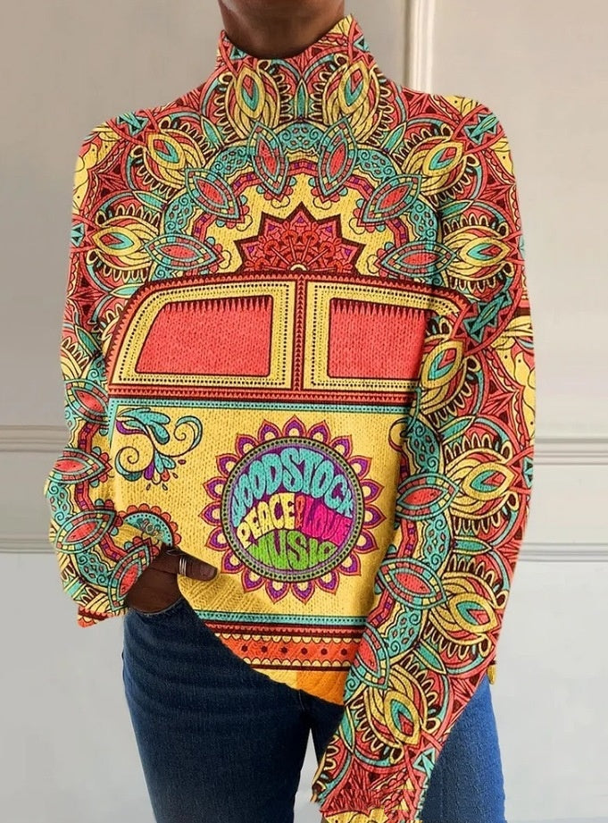 3D Color Matching Pattern Floral Print Long Sleeve Pullover