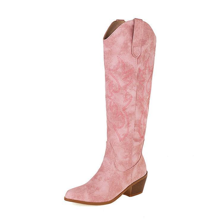 V Cut Western Cowboy Boot Women's High Heel Pointed Toe Knight Boots Below The Knee Boots Slim High