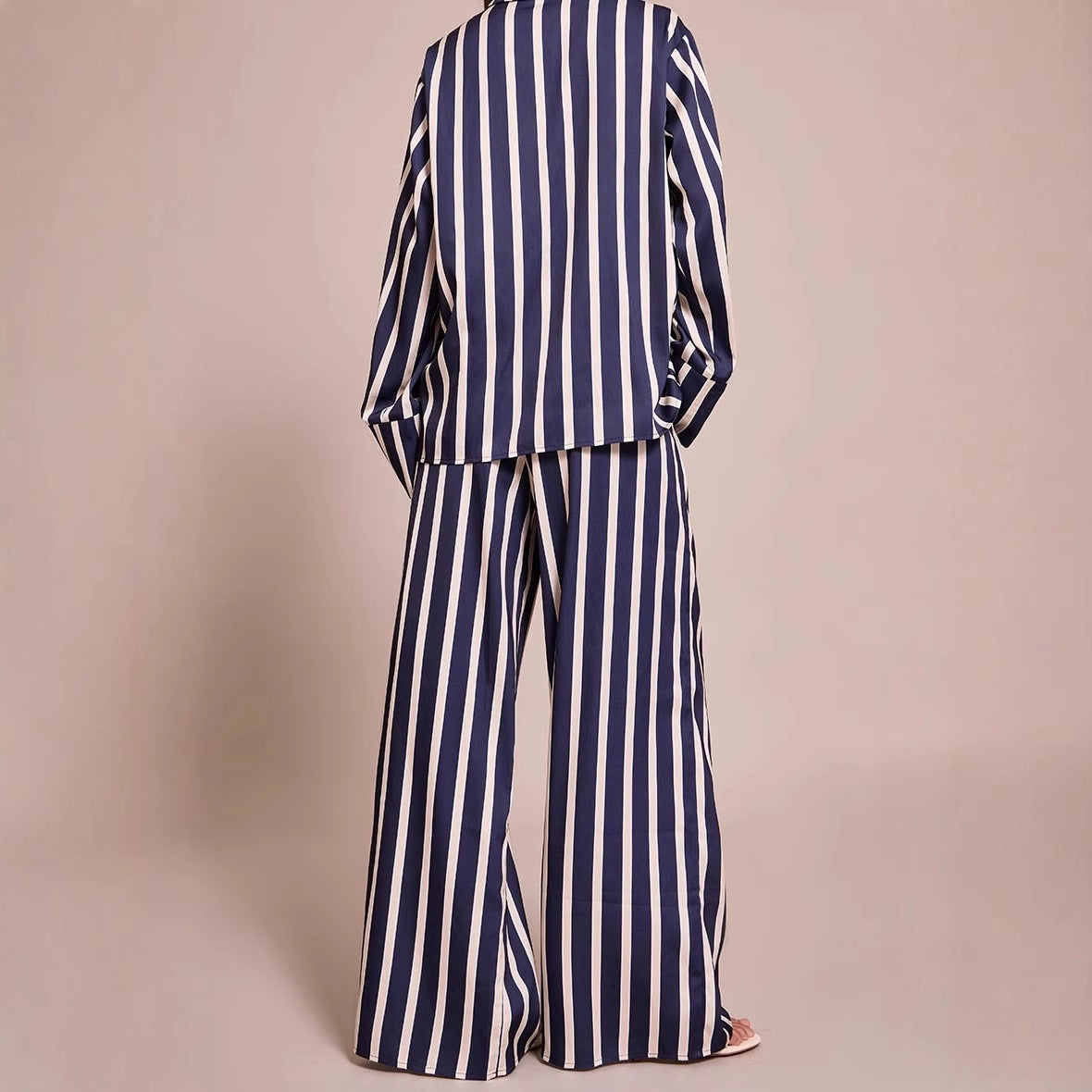 Long Sleeve Polo Collar Stripes Shirt Loose Shirt Trousers Two-piece Home Wear