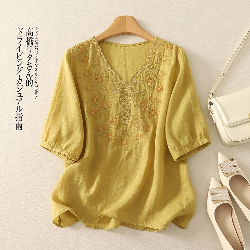 Embroidered Women's Elegant Lace V-neck Half Sleeves Pullover Shirt