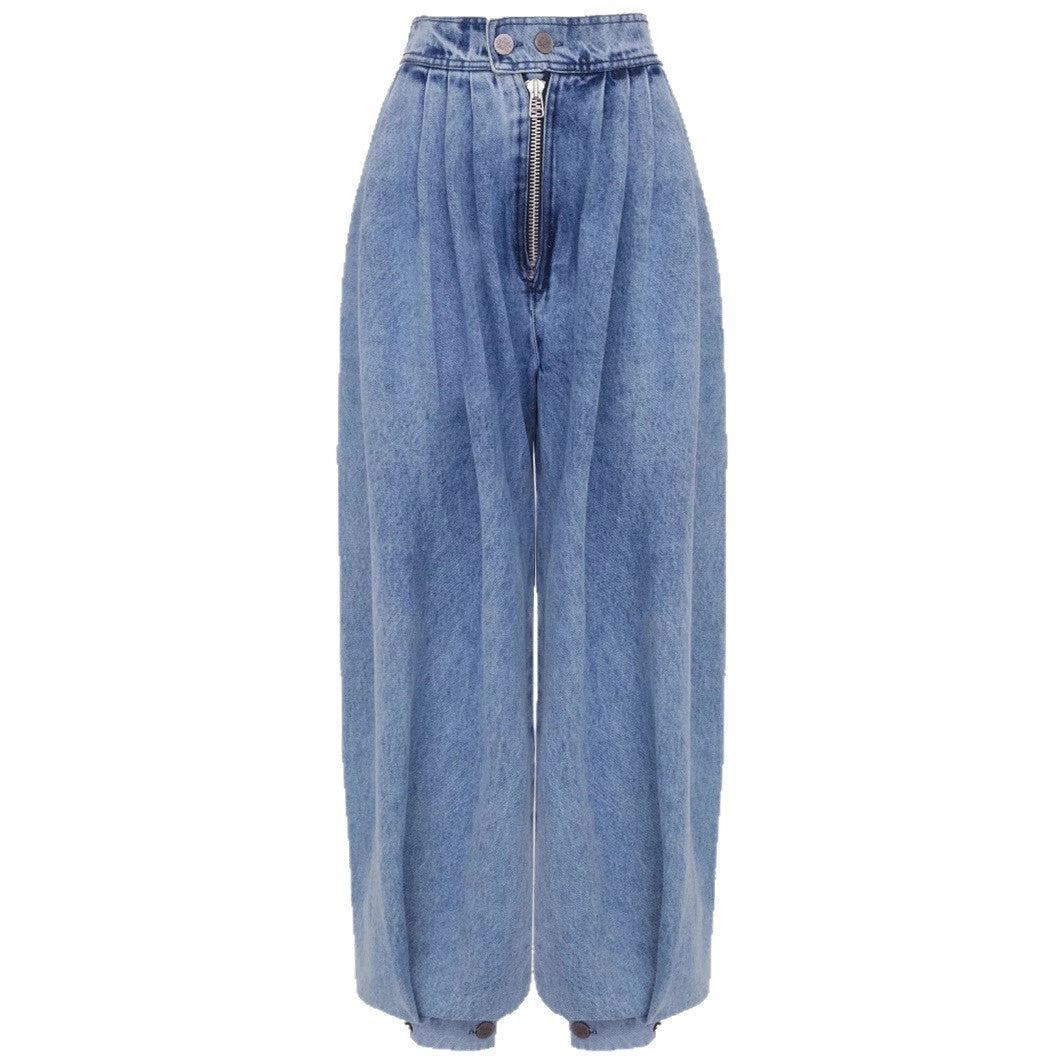 High Waist Zipper Ankle-tied Jeans Loose