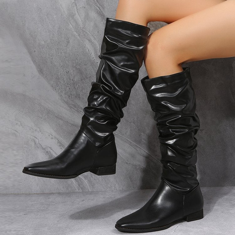 Pointed Low Heel Long Tube Fashion Folding Boots