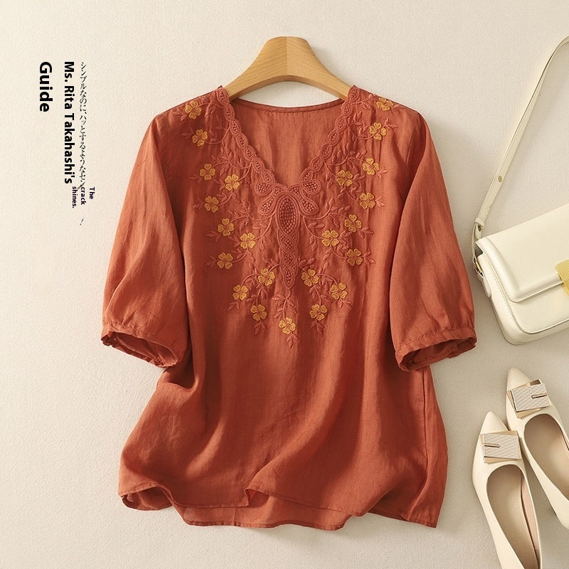 Embroidered Women's Elegant Lace V-neck Half Sleeves Pullover Shirt