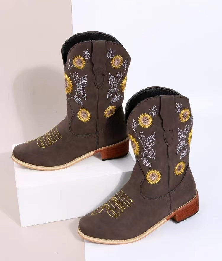 New Thick-heel Embroidery Sunflower 35-43 Mid-tube Women's Boots