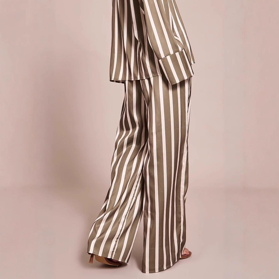 Long Sleeve Polo Collar Stripes Shirt Loose Shirt Trousers Two-piece Home Wear