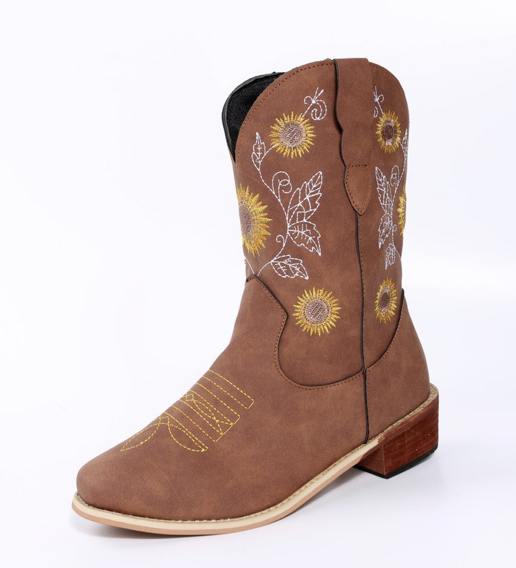 New Thick-heel Embroidery Sunflower 35-43 Mid-tube Women's Boots