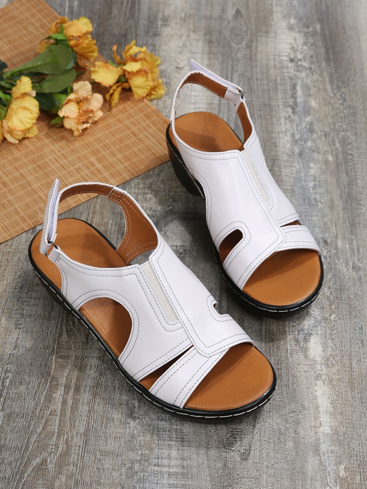 Women's Velcro Sewn Hollow Thick Heel Sandals