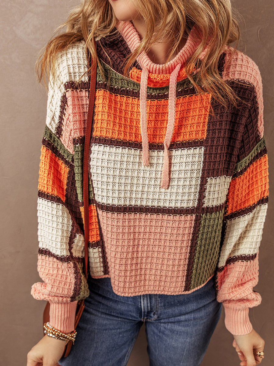 Women's Casual Waffle Color Matching Long Sleeve Drawstring Stand Collar Sweater