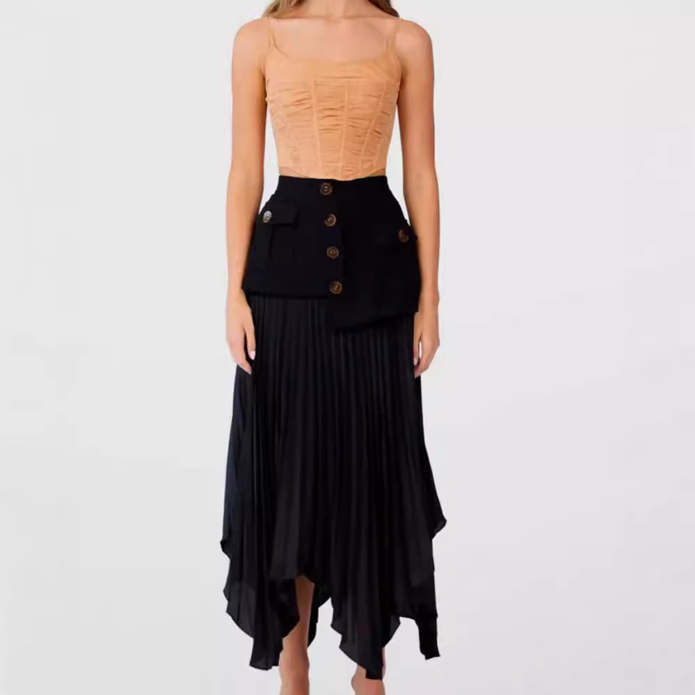 Irregular Chiffon Stitching Pleated Multi-button Pocket Skirt