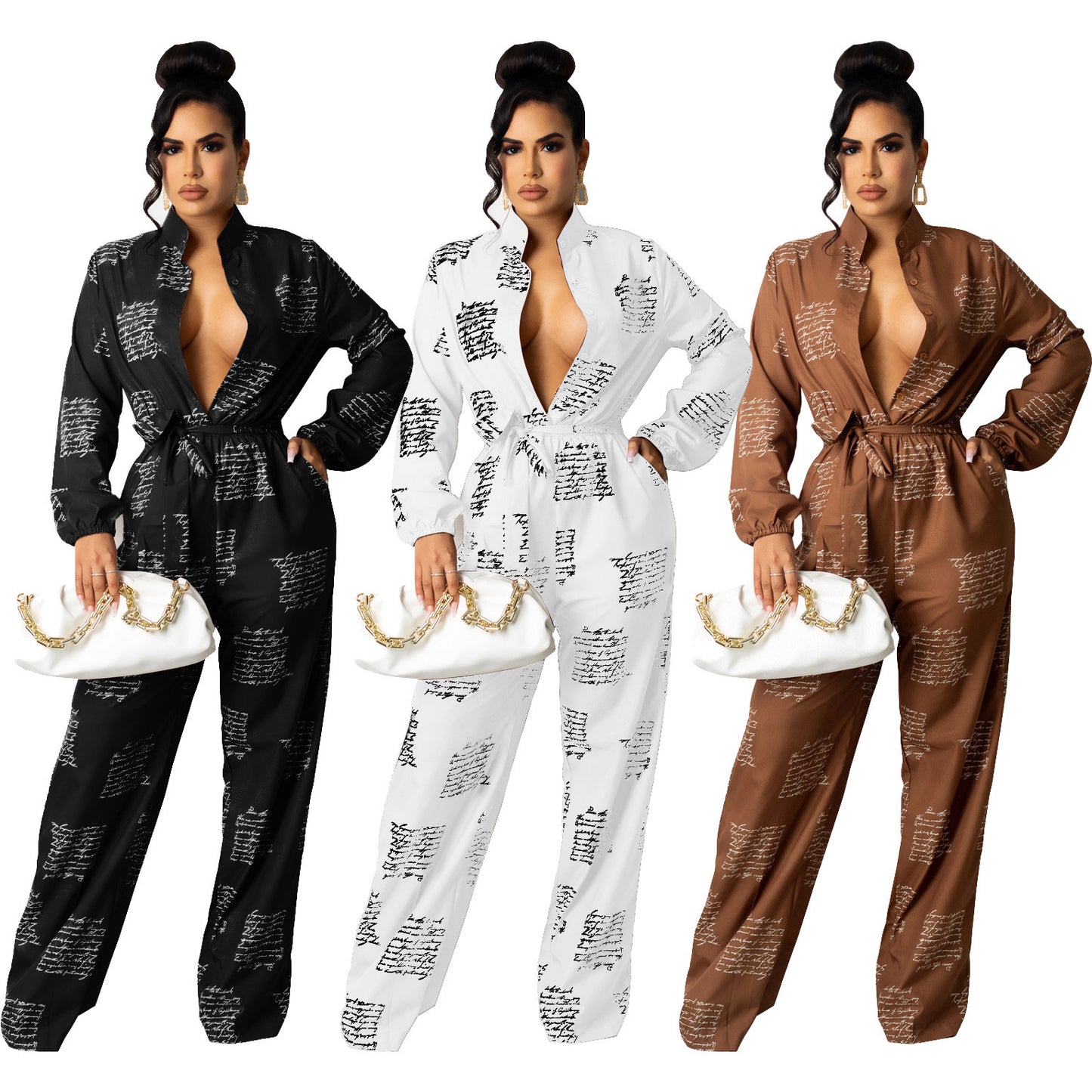 Women's Casual Fashion Loose Shirt Long Sleeve Jumpsuit