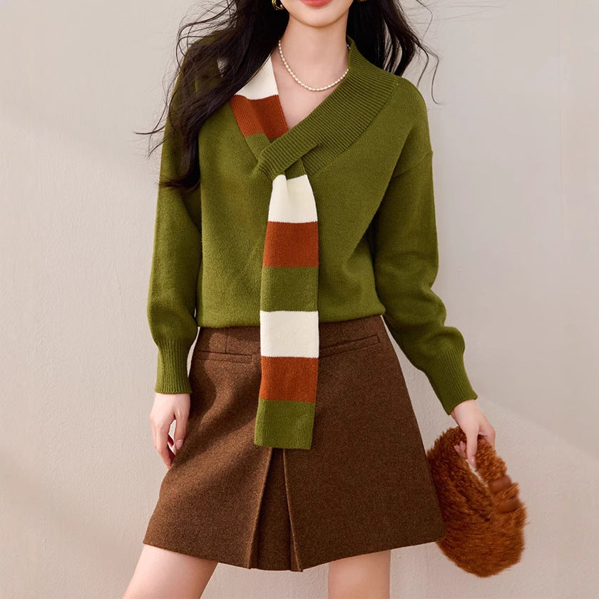 Niche Striped V-neck Sweater Women's Versatile Fake Two Pieces Coat