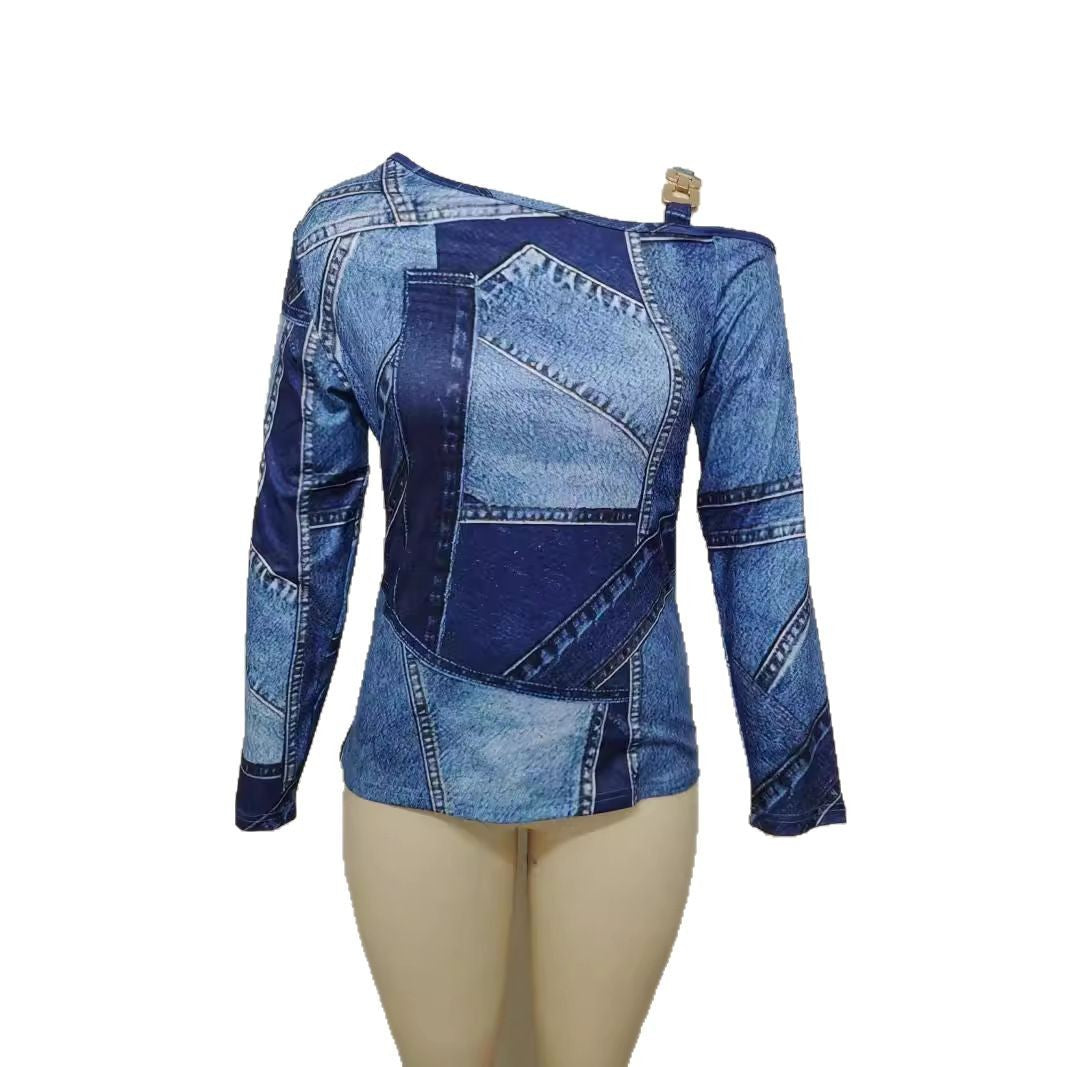 Fashion Casual Printing Strapless Sloping Shoulder Long Sleeve