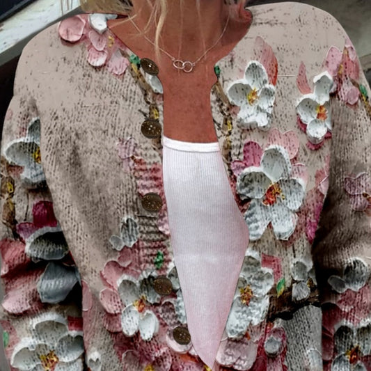 New Women's Autumn And Winter Style Loose 3D Printed Knitted Cardigan Sweater