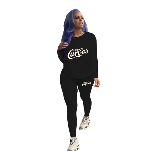 Women's Fashion Casual Solid Color Pattern Printed Long-sleeved Trousers Two-piece Set