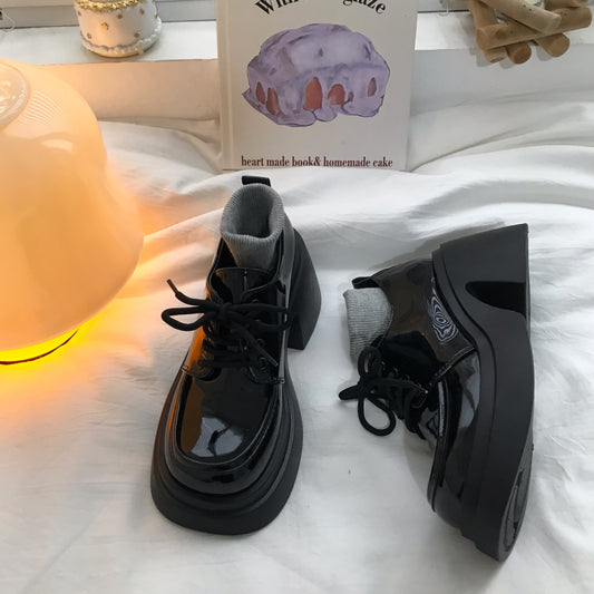 Women With Thick High Heels And Lace Up Small Leather Shoes Q1