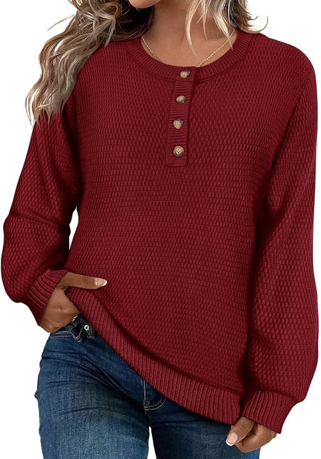 Solid Color Buttons Long Sleeve Round Neck Pullover Sweater Top