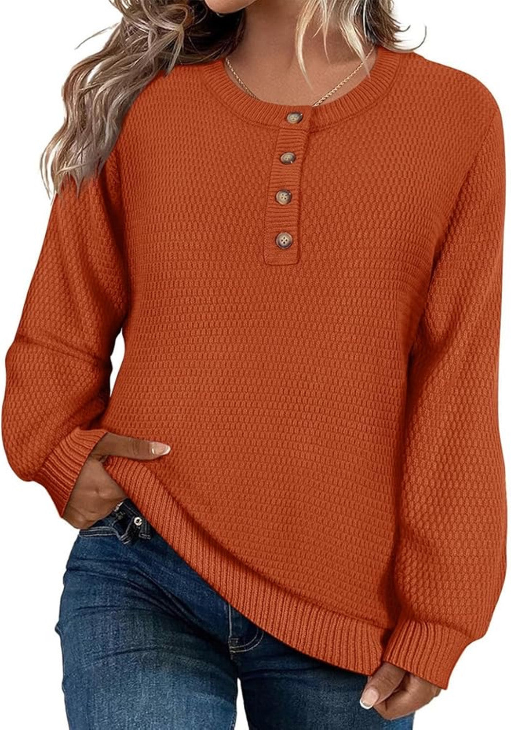 Solid Color Buttons Long Sleeve Round Neck Pullover Sweater Top